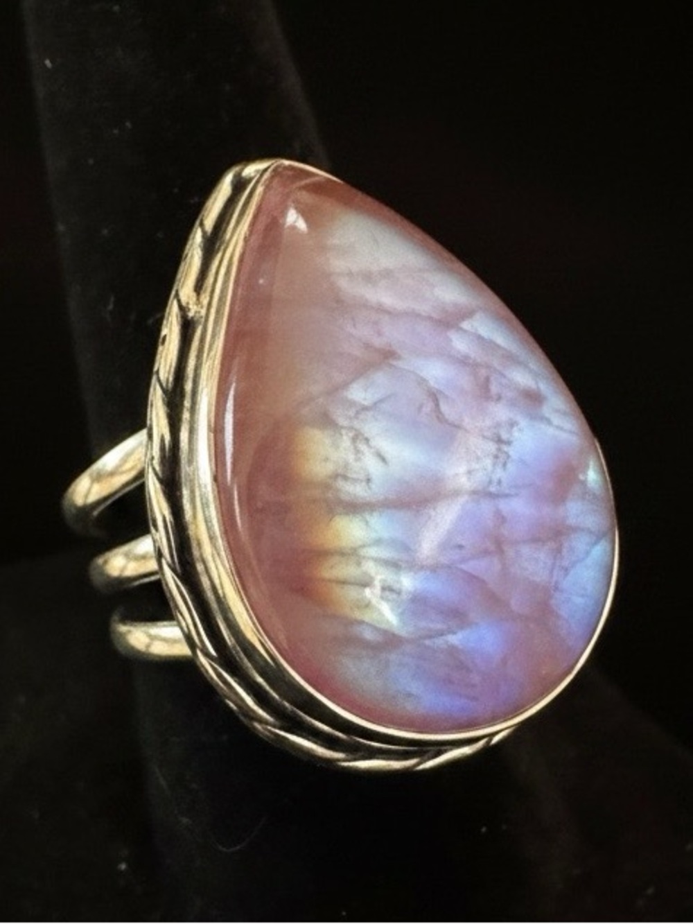 Sterling Silver Teardrop genuine, rainbow Moonstone Ring in Pink & Blue